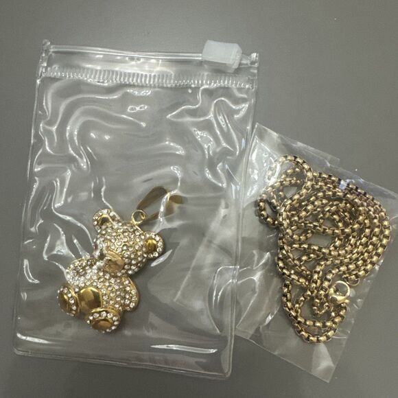 Teddy Bear Studded Gold Plated Stainless Steel Pendant 24 Inch Necklace Gift Her - Picture 6 of 6